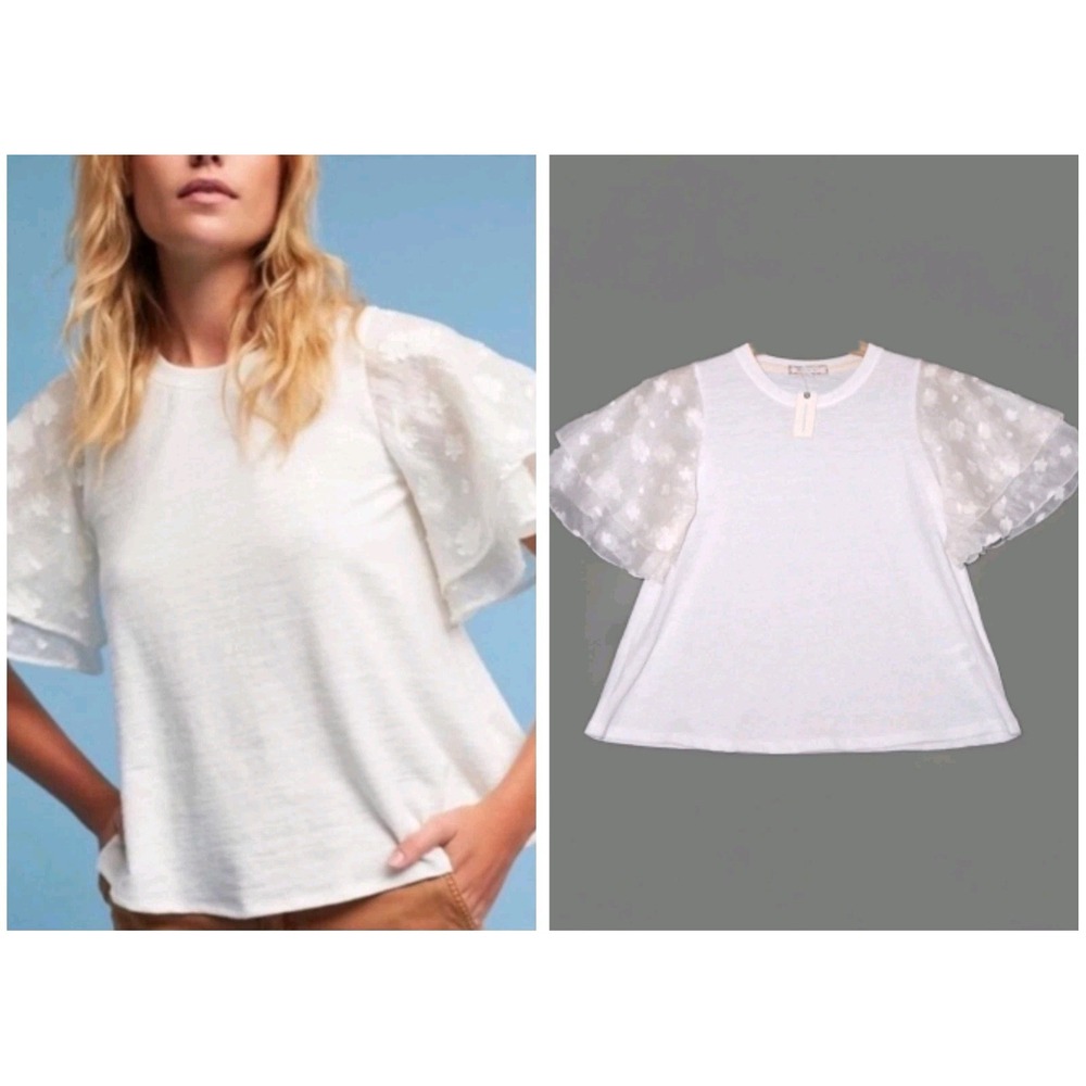 Anthropologie Eri + Ali Blouse XS Cream Top Layered Flutter Embellished Sleeves
